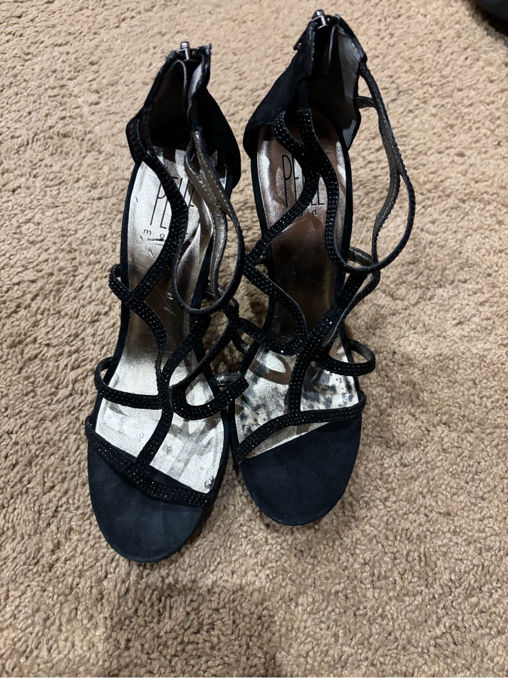 Pelle Moda Black Strappy Rhinestone Lace-Up Heels